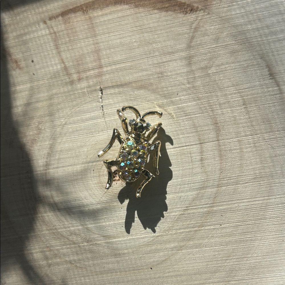 Gold Beetle Brooch with Rhinestones